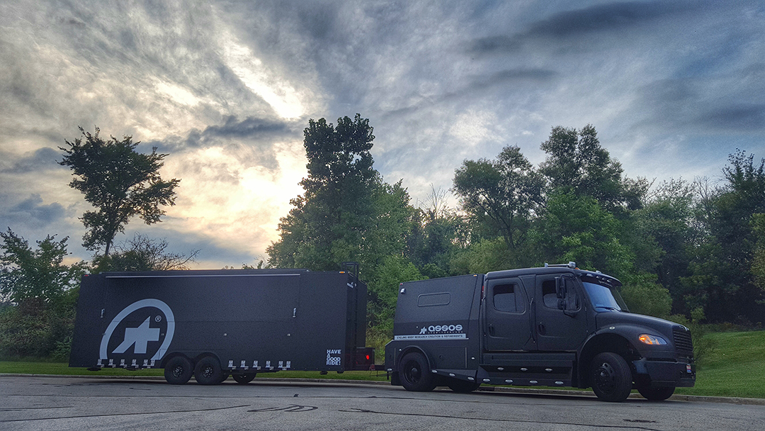 Assos' custom van and trailer touring Western US bike events and shops